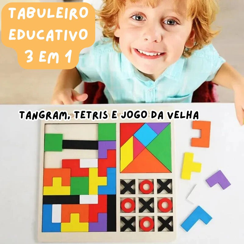 Tabuleiro Educativo 3 em 1 - Tangram, Tetris e Jogo da Velha